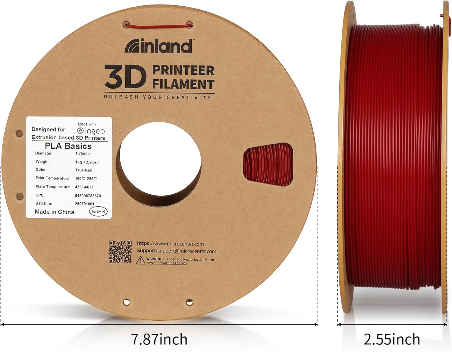 Inland PLA Basics Filament 1.75mm, 1kg Spool – Dimensional Accuracy ±0.02mm, Neatly Wound, Fits Most FDM 3D Printers (Black, White, Gray, True Red, 4 Pack)