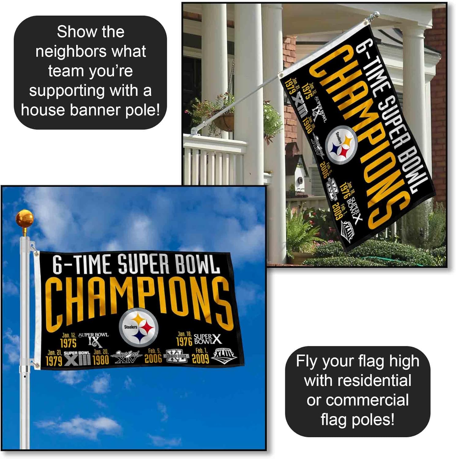 Pittsburgh Steelers 6X and 6 Time Super Bowl Champions Flag Outdoor Indoor 3x5 Foot Banner - Image 3