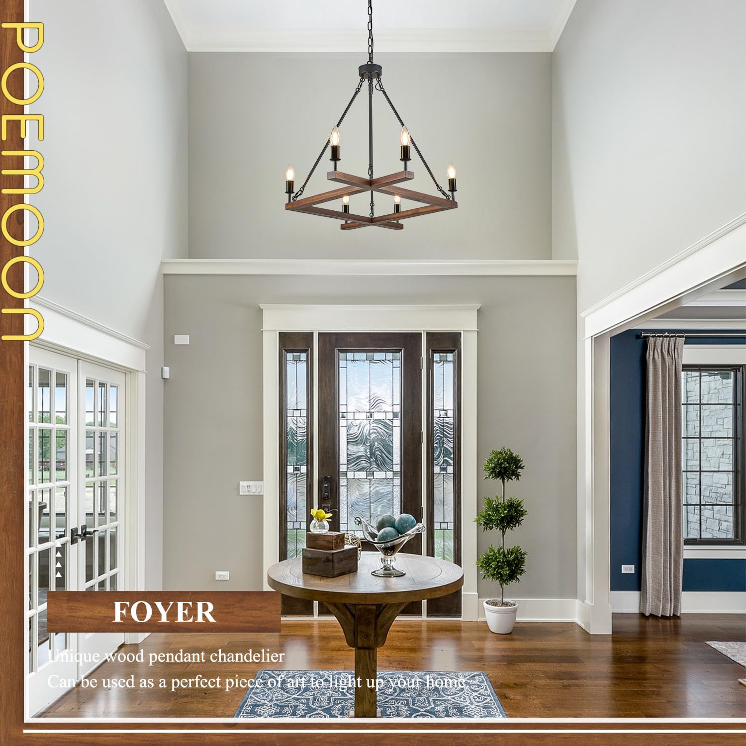 L45'' Rustic Farmhouse Square Wood Chandeliers 6-Light Unique Rectangular Candle Chandelier Long Ceiling Pendant Light for Living Dining Room Foyer Kitchen Bedroom High Ceiling,E12