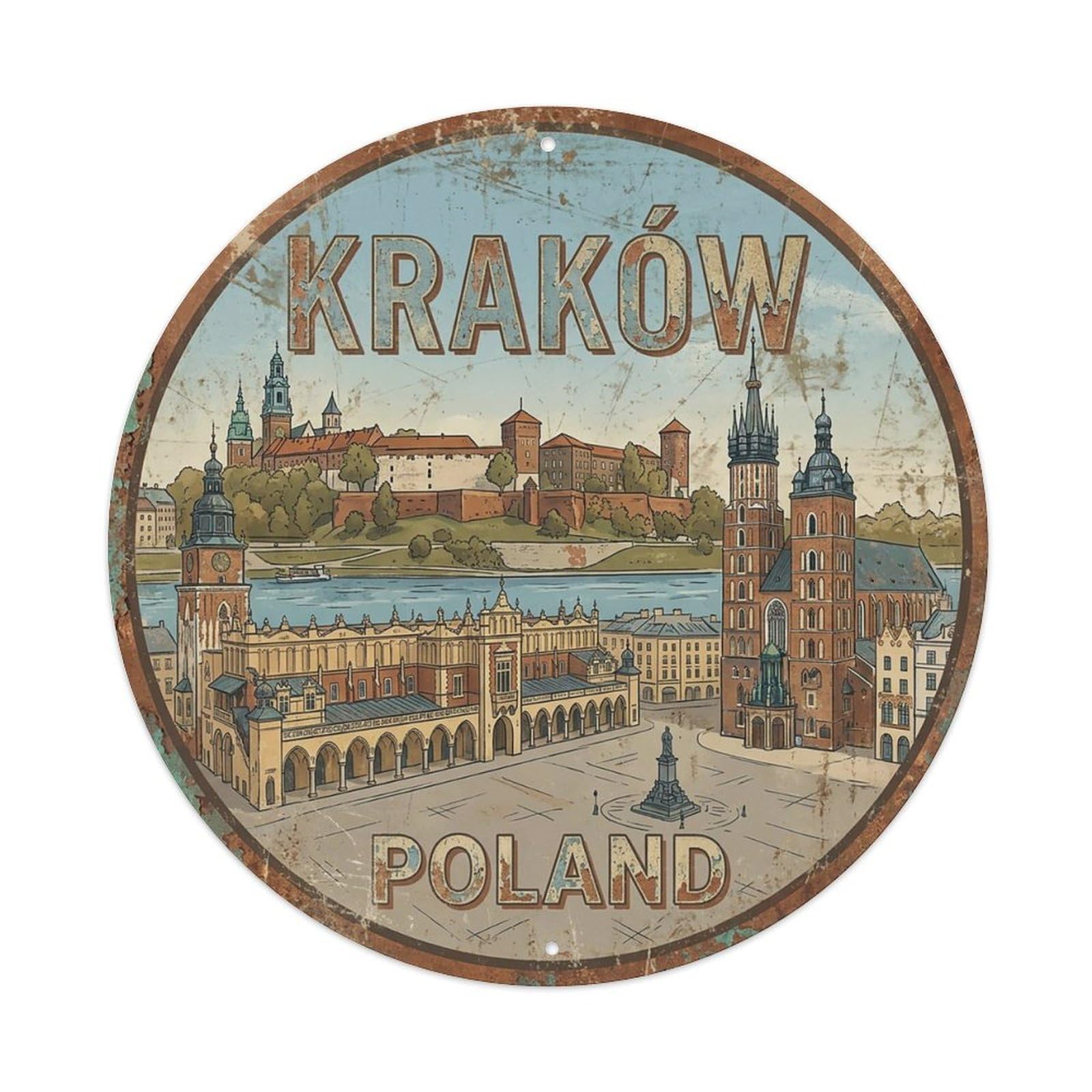 Retro Travel Poland Krakow Vintage Metal Tin Sign Plaque Wall Decor for Cafe, Club Bar, Office, Garden Metal Poster 8x8Inch