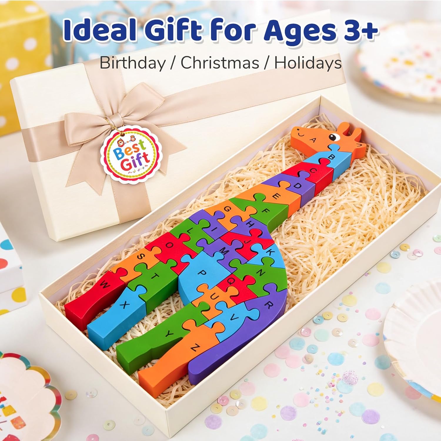 LovesTown Wooden Puzzles for Kids, Double Sided Giraffe Jigsaw with Alphabet & Numbers, Montessori Educational Toy for Toddlers, Chunky Animal Gift