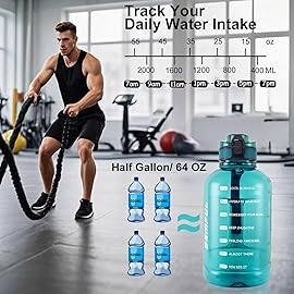 GEMFUL 64oz Motivational Water Bottle with Handle 2L Large Sports Jug for Gym Fitness Time Marker No Straw Leak Proof BPA Free (Cyan)