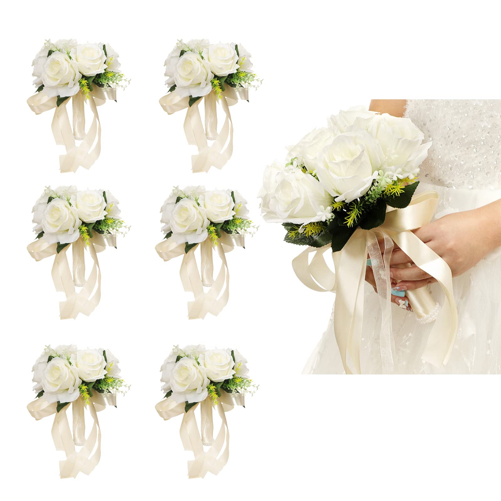 JYCRA 6Pcs White Artificial Flowers Bridesmaid Bouquets,Vintage Artificial White Rose Wedding Bouquetsfor Wedding Ceremony and Anniversary