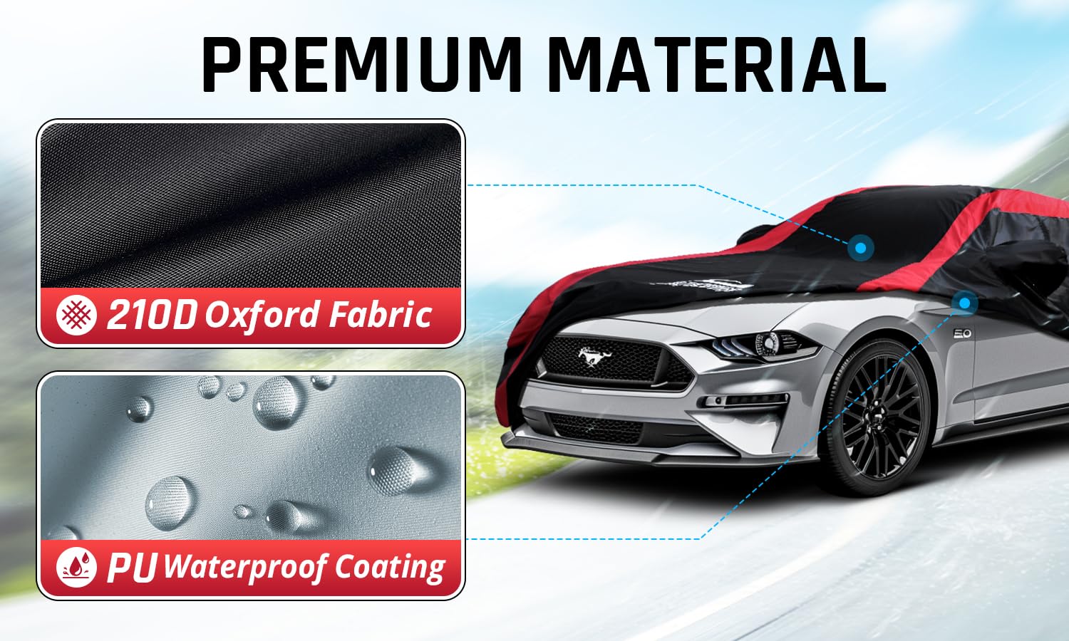 Mustang Car Cover Waterproof All Weather with Red Strip Design Custom Fit for Ford Mustang 1994 2025 Mustang — view 3