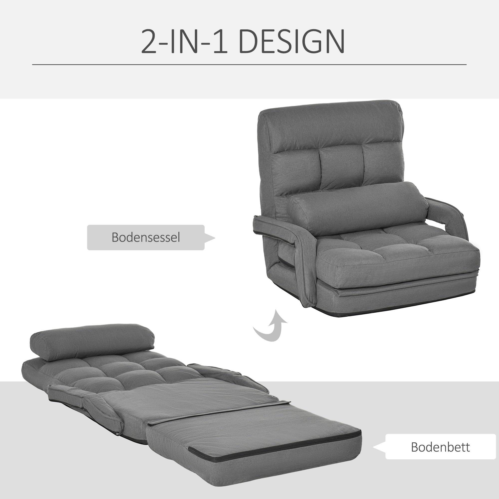 HOMCOM Bodenstuhl Bodensessel mit 5-Fach Verstellbarer Rückenlehne, Lendenkissen, Schlafsessel Bodensofa Gepolstert Lazy Sofa für Wohnzimmer Gaming & Lesen Dunkelgrau