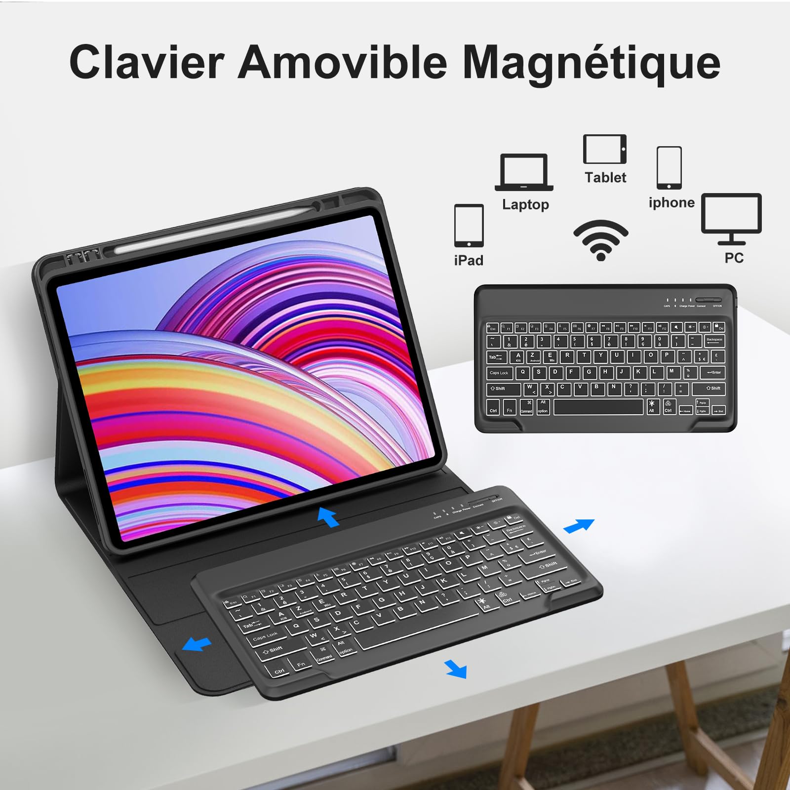 JADEMALL Coque Clavier pour Redmi Pad Pro 12.1" 2024/Xiaomi Poco Pad 12.1" | Étui Clavier AZERTY Français Rétroéclairé Détachable Magnétique Bluetooth pour Tablette Redmi Pad Pro 12.1 Pouces 2024, Noir