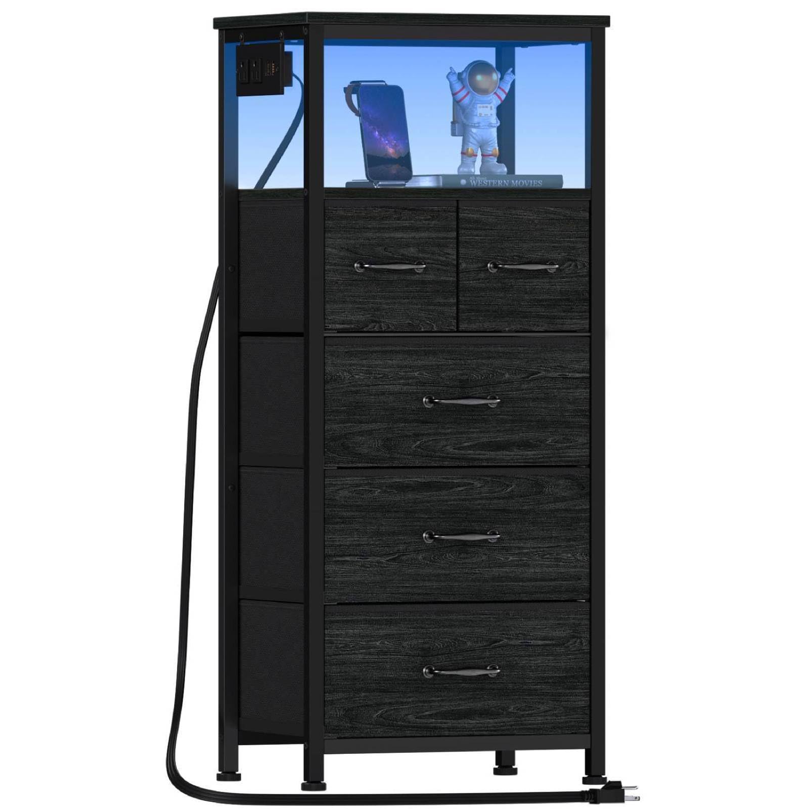 Furnulem Comodino Con Luci LED RGB E Ricarica USB - 3 Cassetti In Tessuto E Ripiano, Nero, 65x40x30 Cm