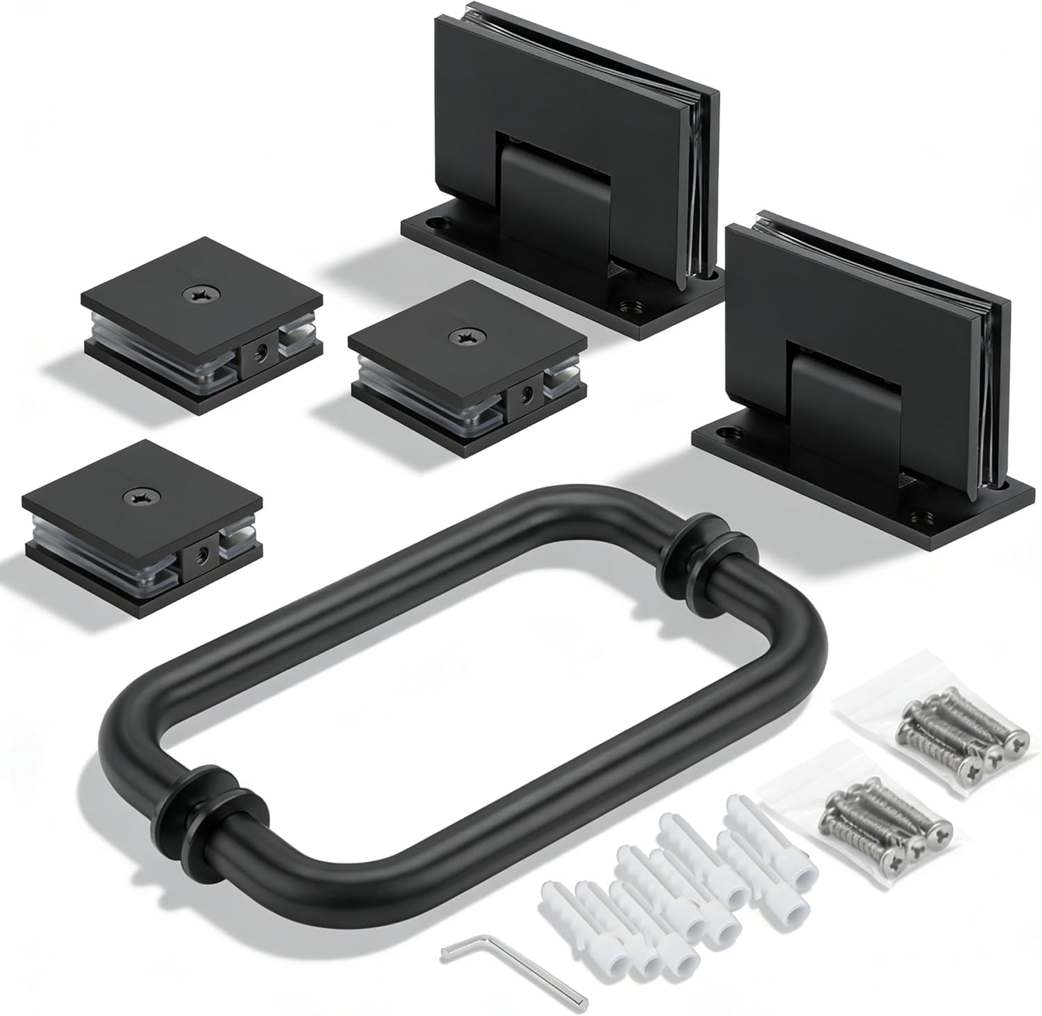 6" 8''Handle Set for Shower Door, Brass Heavy Duty Glass Door Hinges Replacement with Shower Glass Clamp,Set with 304 Stainless Steel Door Handle 6 8 inch (Matte Black, Set with 8in Handle)