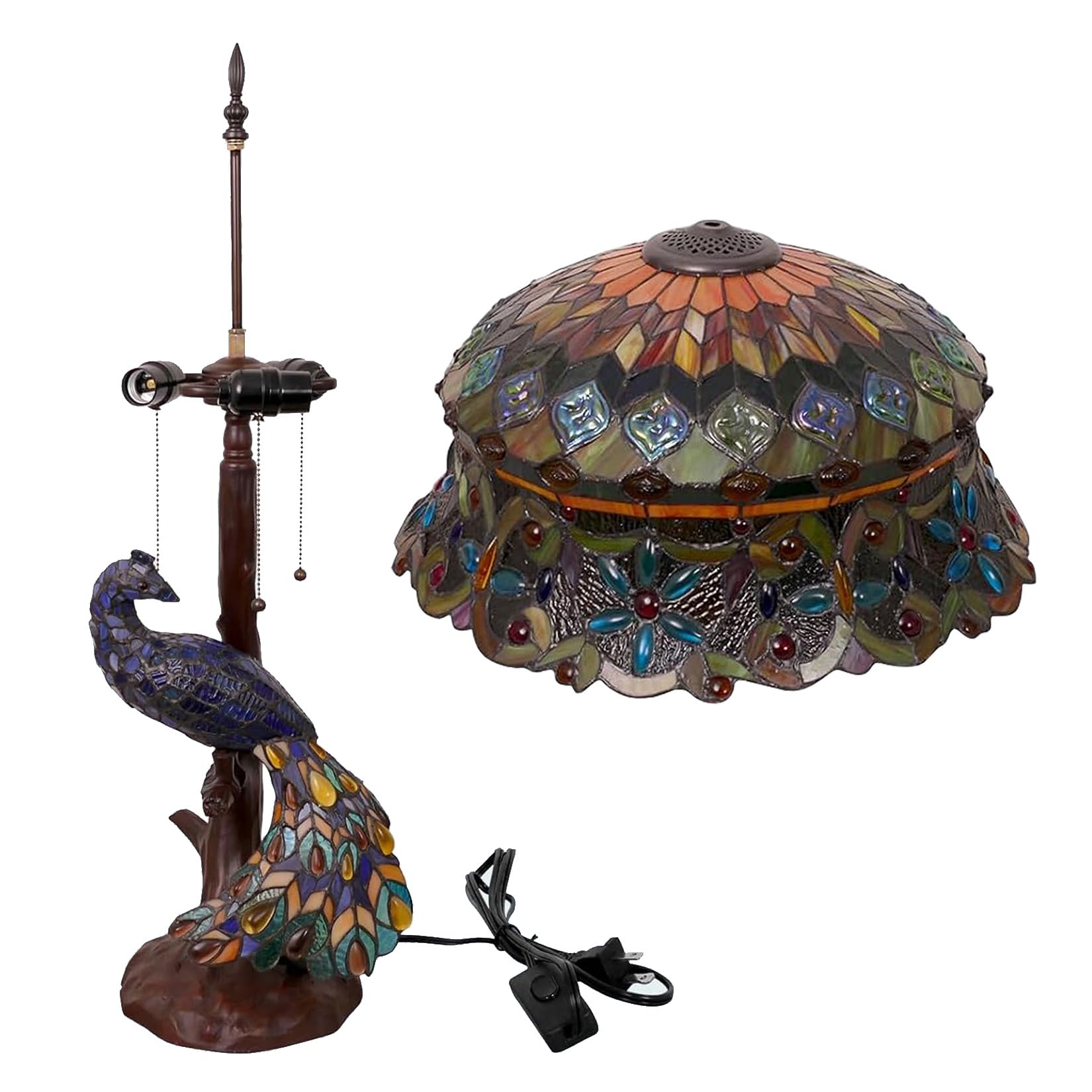 Lampada da tavolo a forma di pavone, paralume in vetro colorato da 45 cm, altezza 79 cm, lampada da comodino con 5 luci, per camera da letto e soggiorno