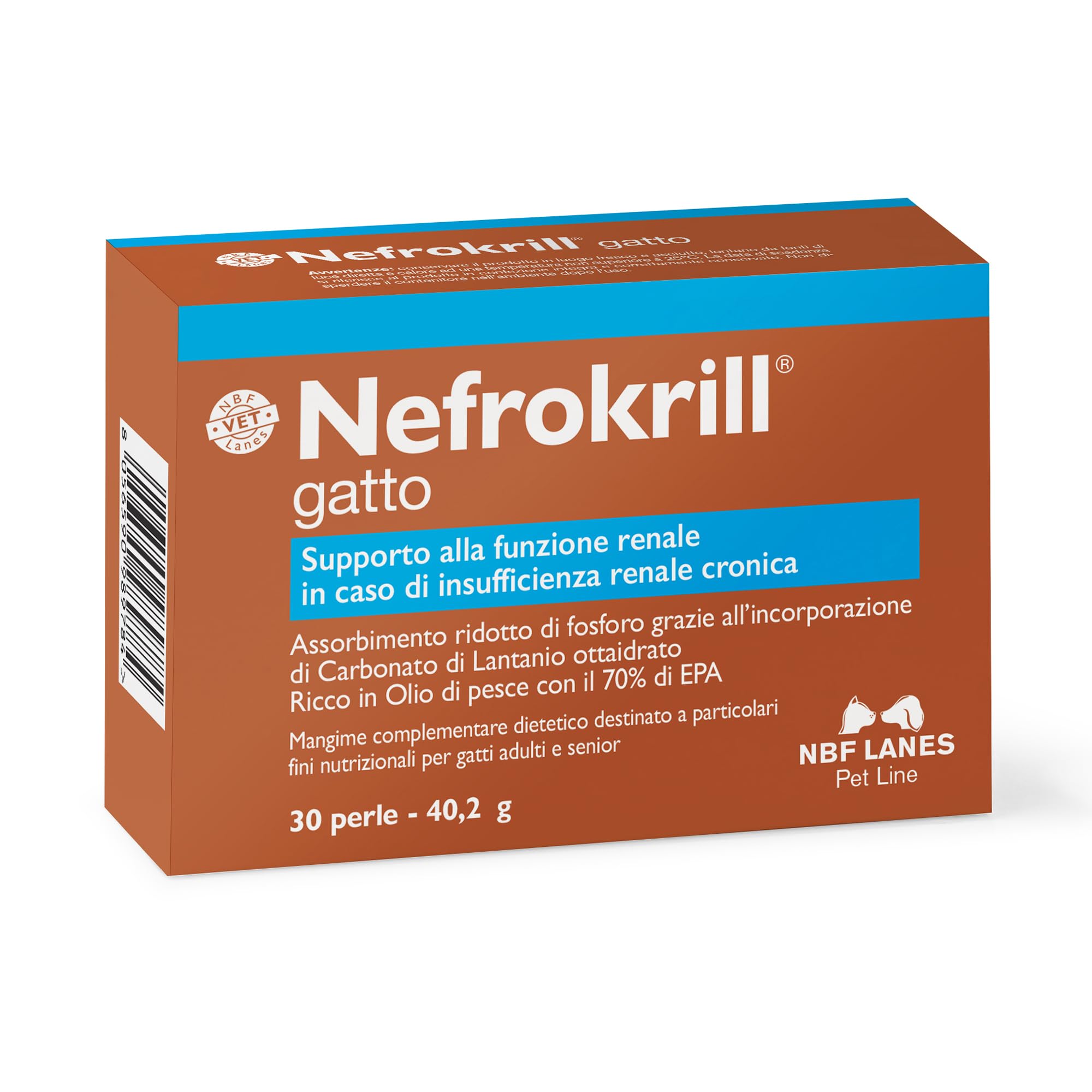 NBF Lanes | Nefrokrill Gatto, 30 Perle Softgel, Supporto alla Funzione Renale in Caso di Insufficienza Renale Cronica, per Gatti Adulti e Senior