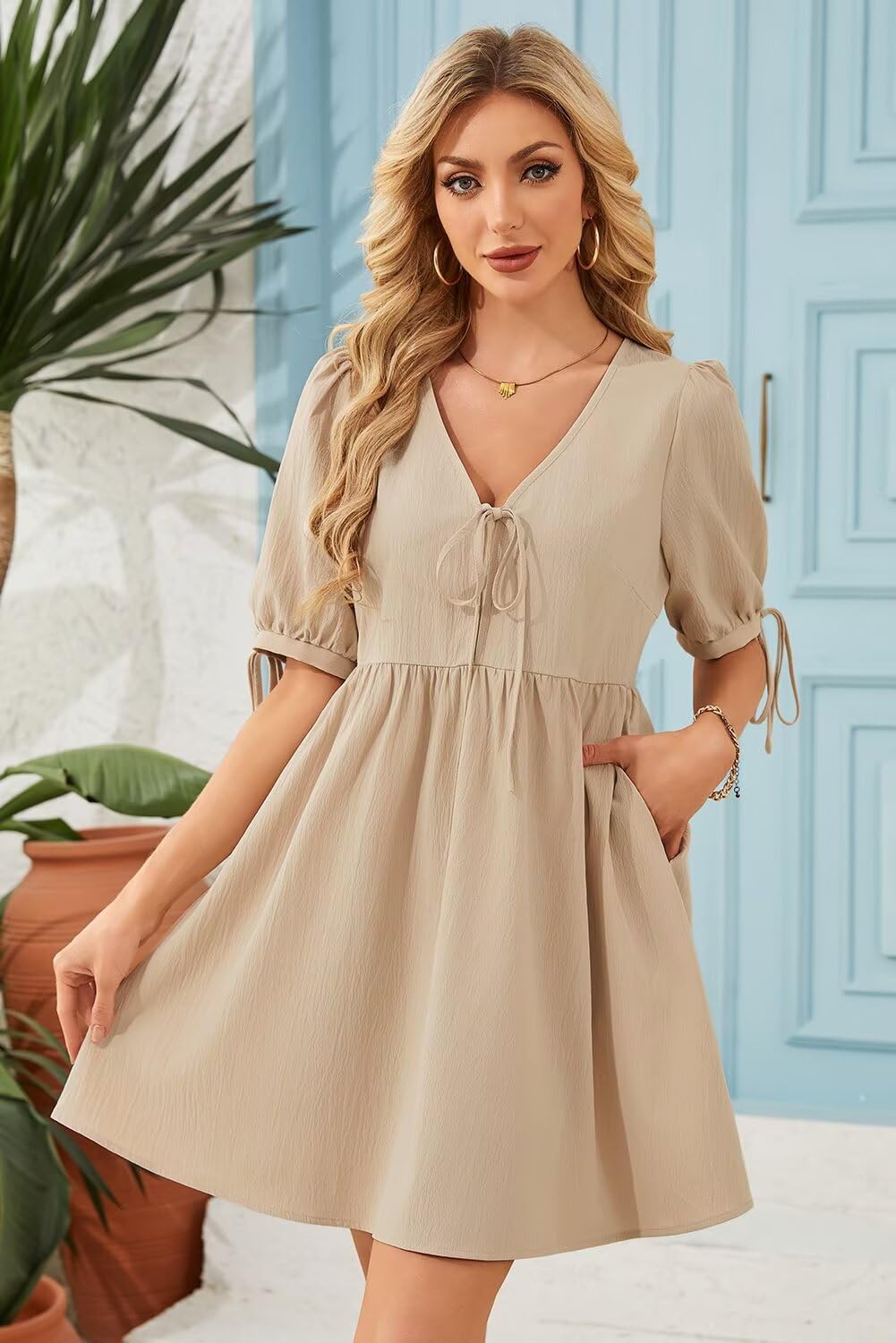 Dokotoo Summer Dresses for Women 2026 Casual V Neck Bow Tie Short Sleeve Empire Waist A-Line Mini Dress - Image 3