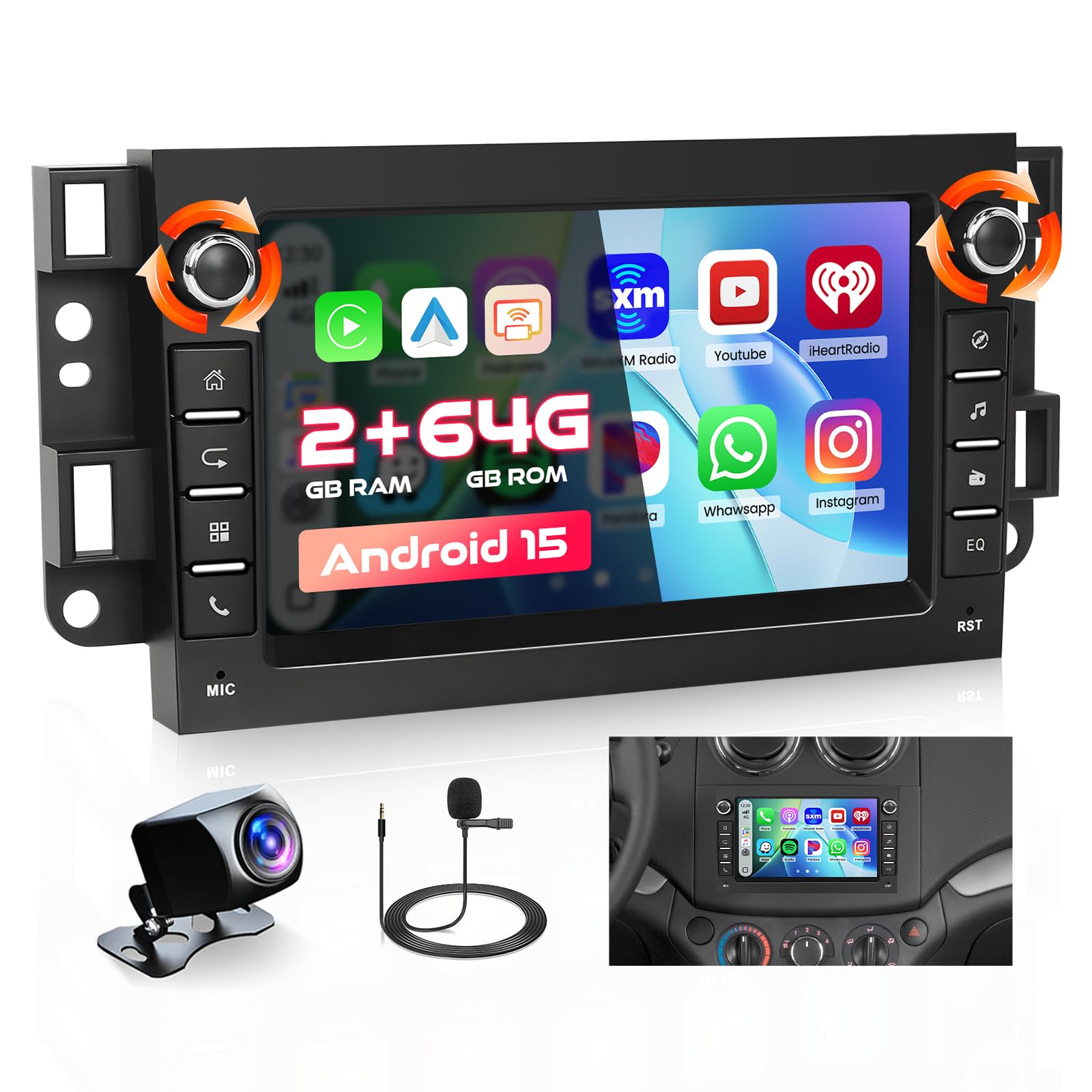 Hikity 2+64G Ekran dotykowy 7" Radio dla Chevrolet Aveo Captiva Epica Holden Daewoo Pontiac, z bezprzewodowym CarPlay Android Auto, Bluetooth, Nawigacja, GPS, WiFi, EQ i kamera cofania