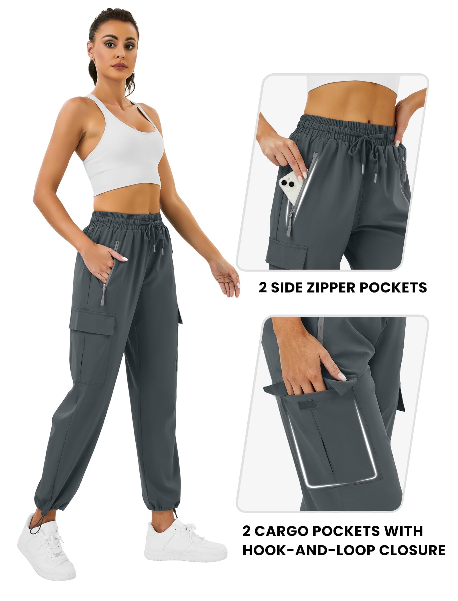 Friptspyg Spodnie outdoorowe, damskie spodnie cargo, lekkie spodnie trekkingowe, spodnie trekkingowe, szybkoschnące, wodoszczelne, pasek regulacyjny, sportowe spodnie do biegania z kieszeniami