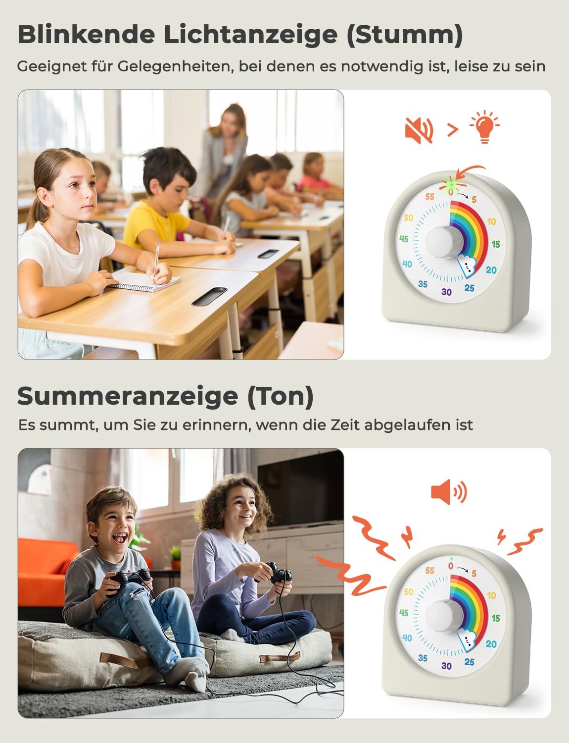 LIORQUE Visueller Timer 60 Minuten Countdown Timer für Kinder und Erwachsene Leiser Kurzzeitmesser mit Silikongehäuse Pausenfunktion wiederaufladbarem Akku für Küche Schule Büro