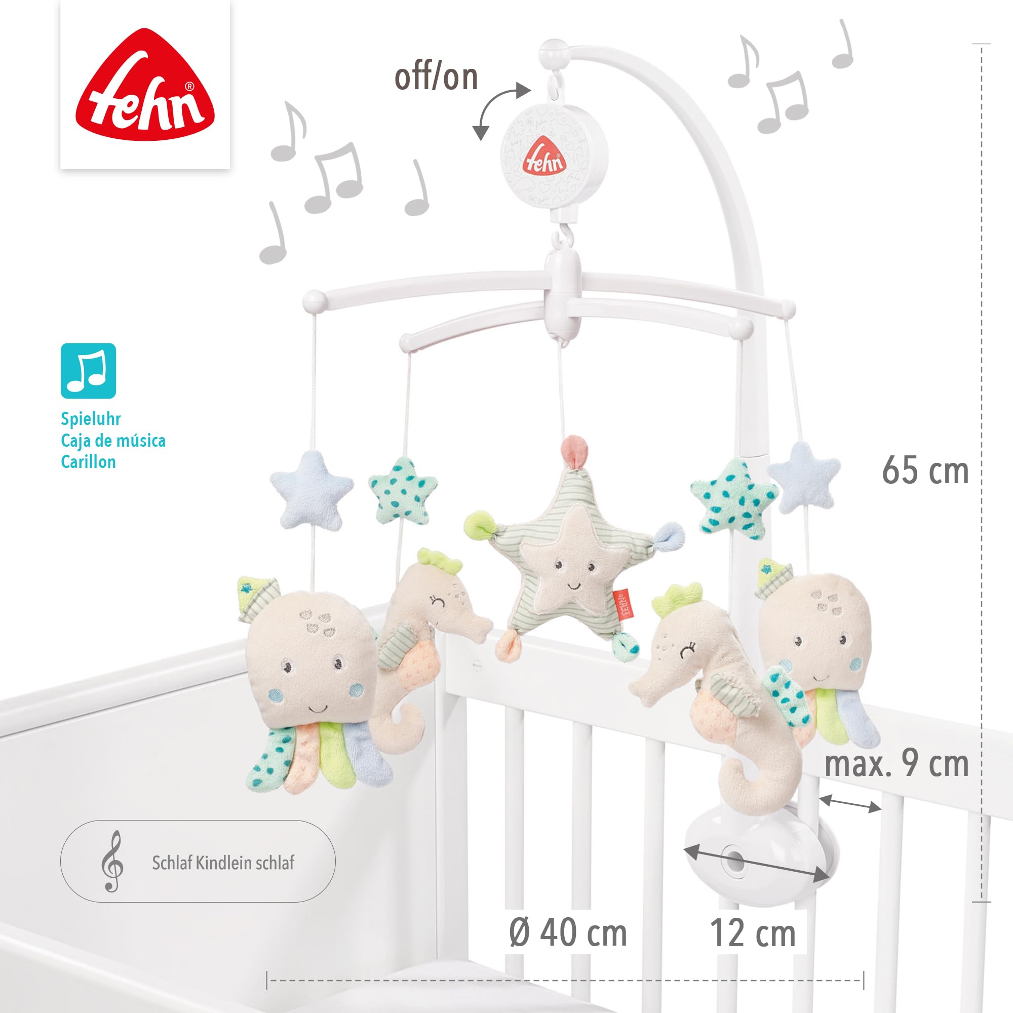 Fehn Música móvil Meereskinder - Mobile a carica con melodia Duerme niño pequeño duerme y figuras para tranquilizar y entretener - con fijación a la cama para bebés de 0 a 5 meses