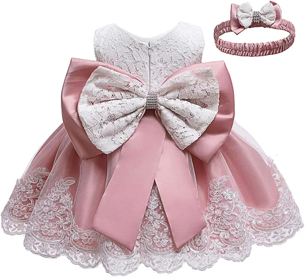 KISSOURBABY Baby Girls Embroideries Baptism Dresses Christening Special Occasions Gown for Baby Girl with Headwear(Bean Pink 6M)