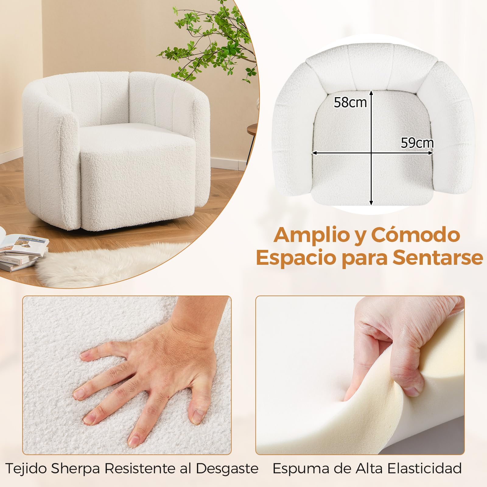COSTWAY Sillón de Salón Giratorio 360°, Sillón para Leer Tapizado en Sherpa con Respaldo Curvado y Descansabrazos, Sillones Modernos de Salón con Forma de Calabaza para Sala de Estar, Dormitorio