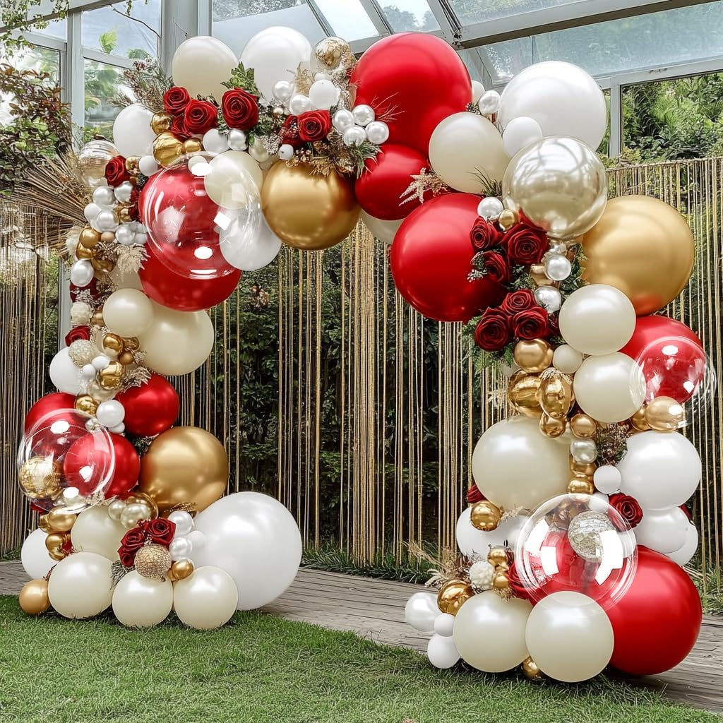 Red White Gold Garland Double Stuffed Ruby Red Pearl White Different Sizes 18In 12In 5In Balloon Arch Kit For Baby Shower Gender Reveal Birthday Party Decorations