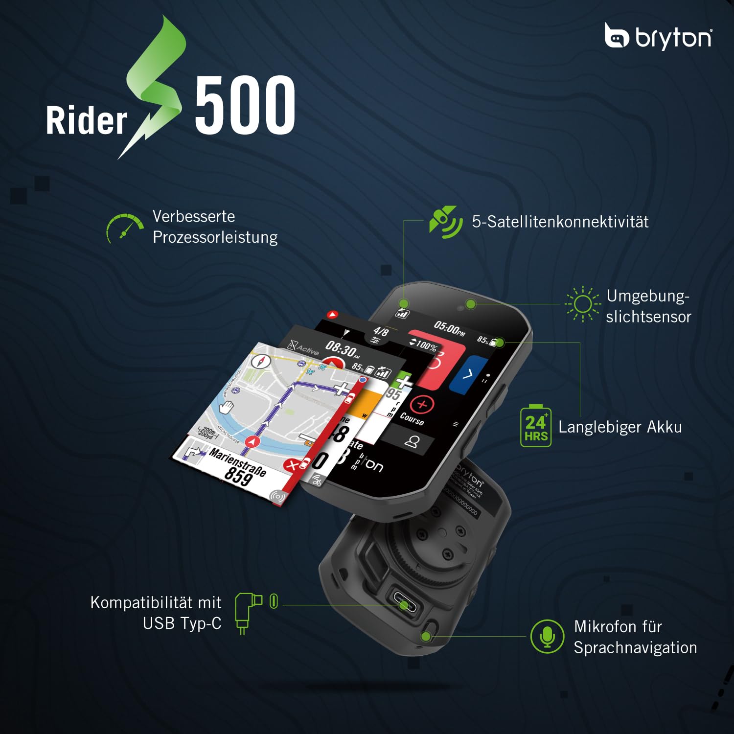 Bryton Rider S500 Sensor Bundle 2,4 Zoll Farb-LCD-Touchscreen GPS-Fahrradcomputer Offline-EU-Karte, kompatibel mit Radar, 24 Stunden Batterielebensdauer, Navigation mit Turn-by-Turn Follow Track