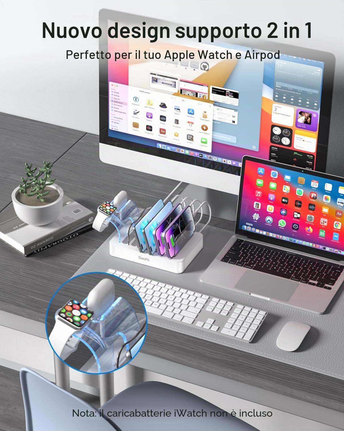 SooPii 50W Stazione di Ricarica USB a 6 Porte Caricatore USB, 6 Cavi di Ricarica Inclusi, per Cellulari, Tablet e Altri Dispositivi … (White)
