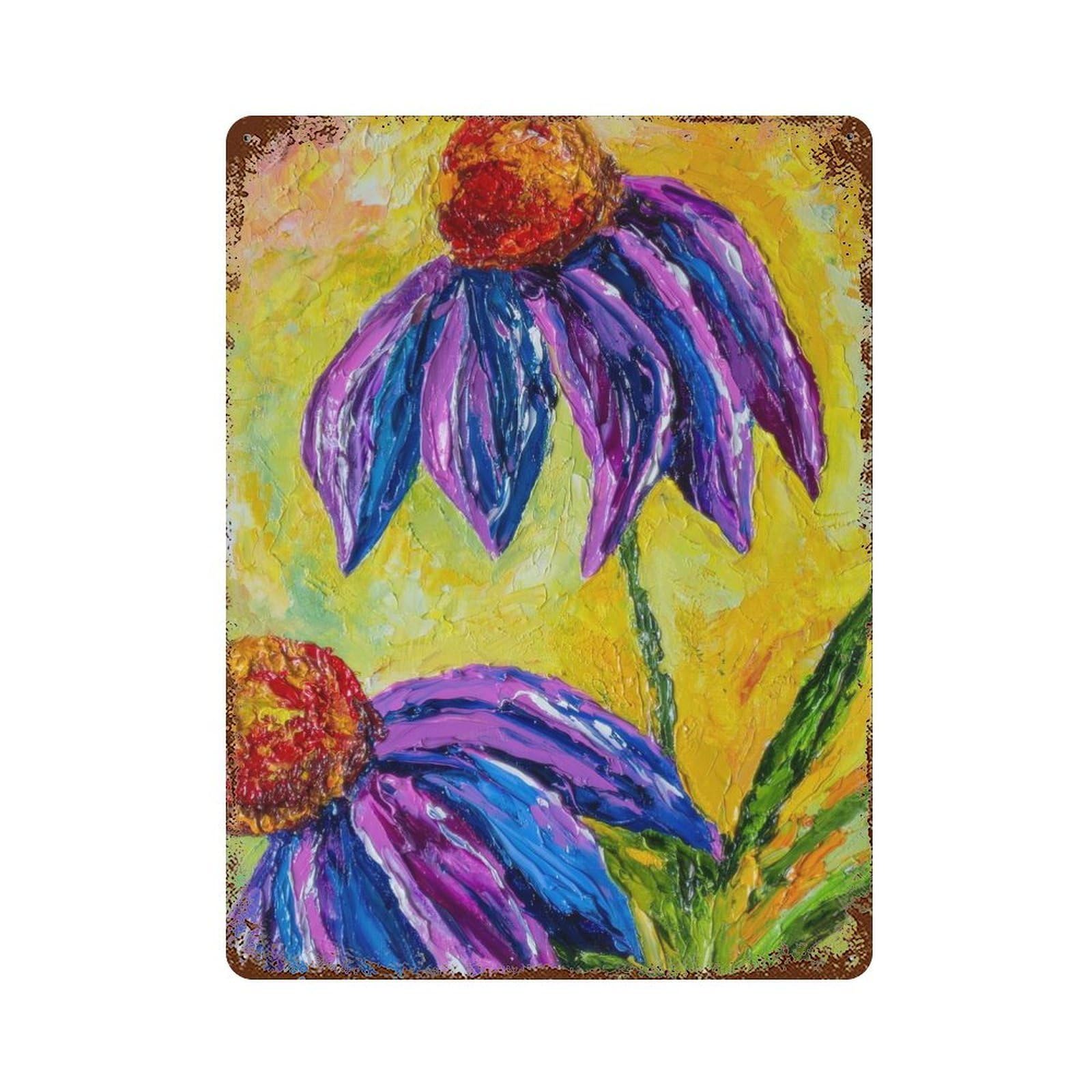 Echinacea Flowers Rust Effect Tin Sign 15.7"x11.8", Vintage Wall Decor for Pub, Kitchen And Man Cave Decor