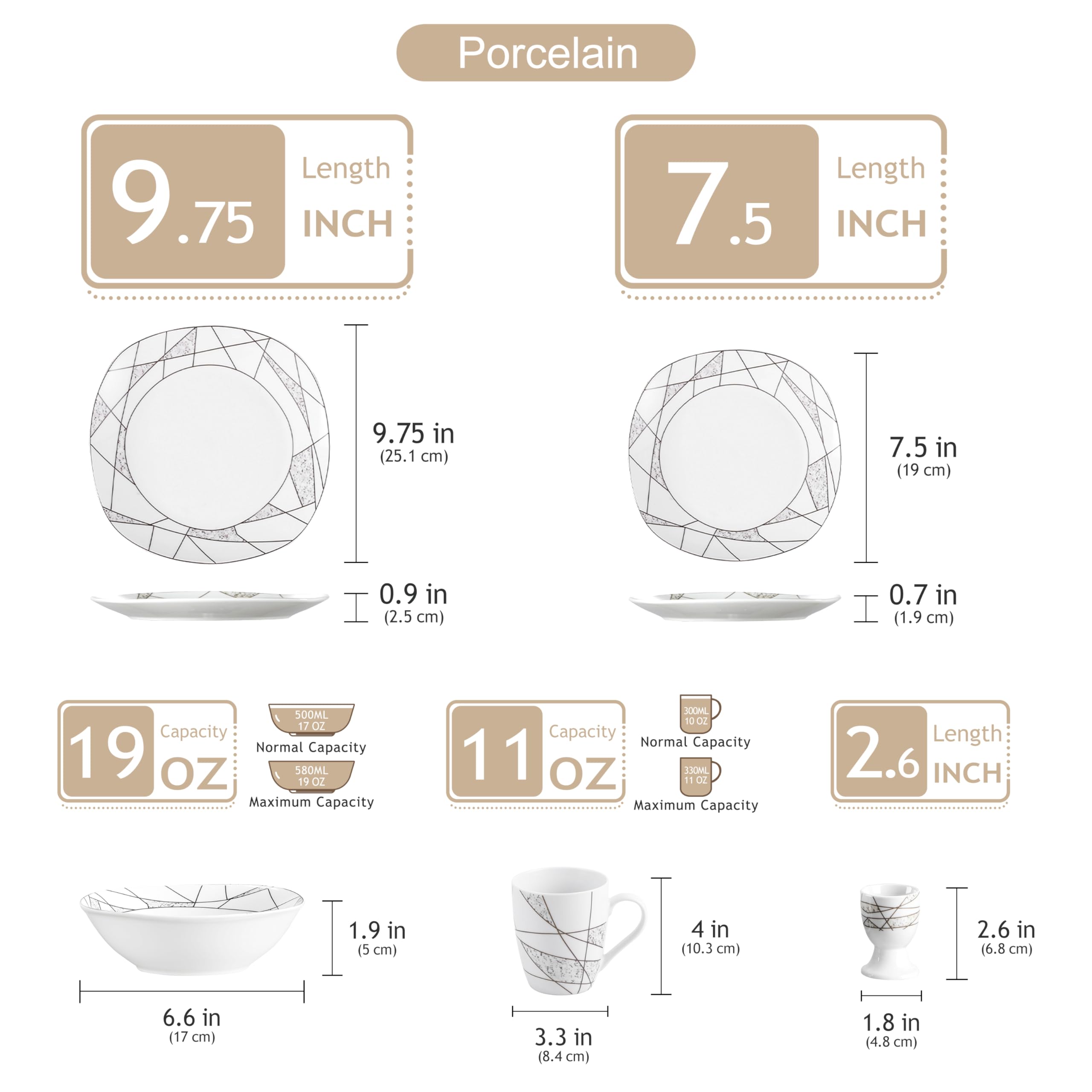 VEWEET 20-częściowy serwis stołowy z serii „Serena” wykonany z porcelany, z 4 kieliszkami do jajek, kubkami do kawy 350 ml, miseczkami na musli, talerzami deserowymi i płaskimi talerzami, serwis śniadaniowy dla 4 osób / do restauracji / dla rodziny