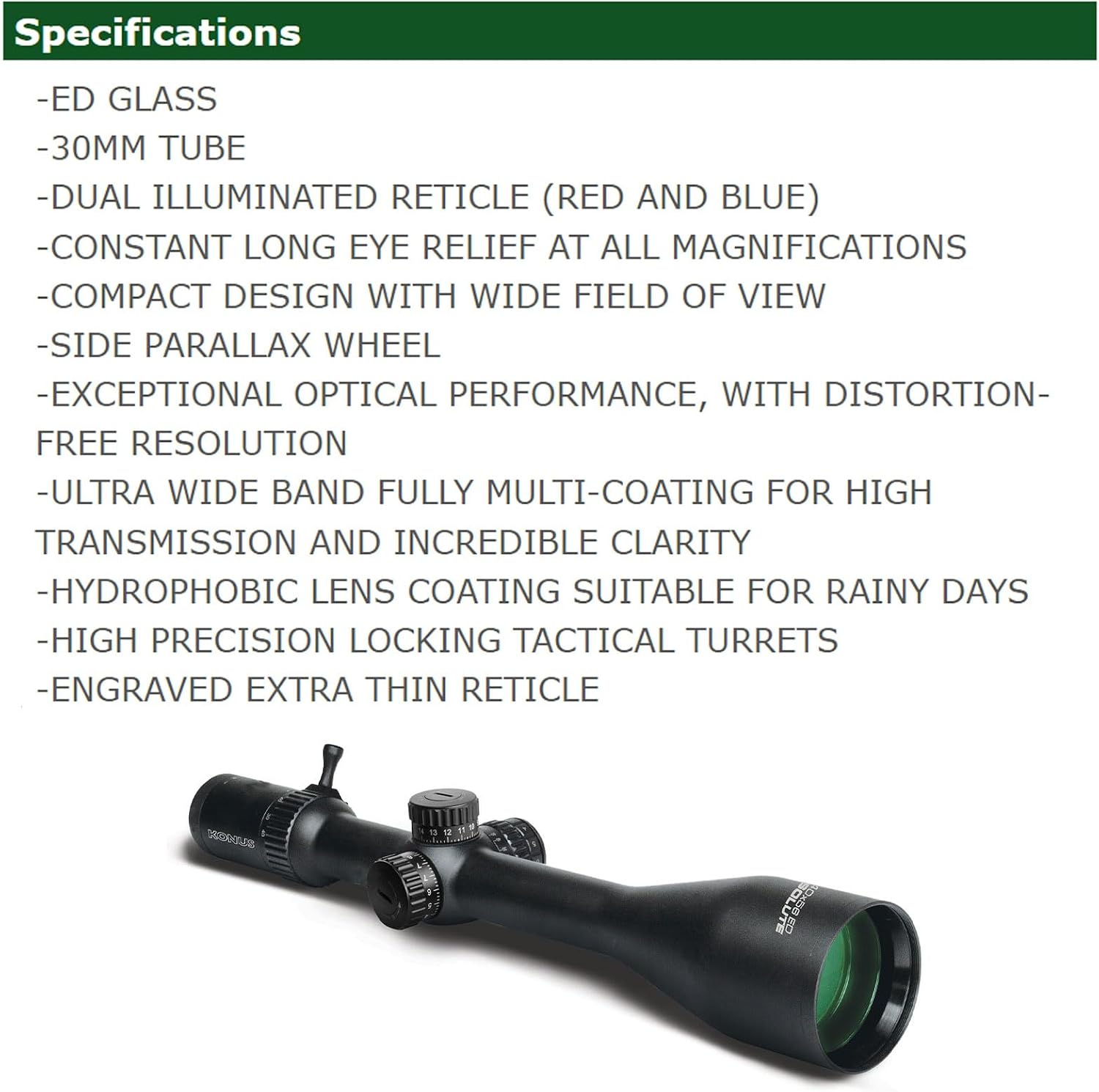 KONUS Absolute 5x-40x56 Riflescope | ED Glass, Red/Blue Illuminated Reticle, Long Eye Relief & Water-Repellent Lenses | High-Precision Optics for Long-Distance Shooting