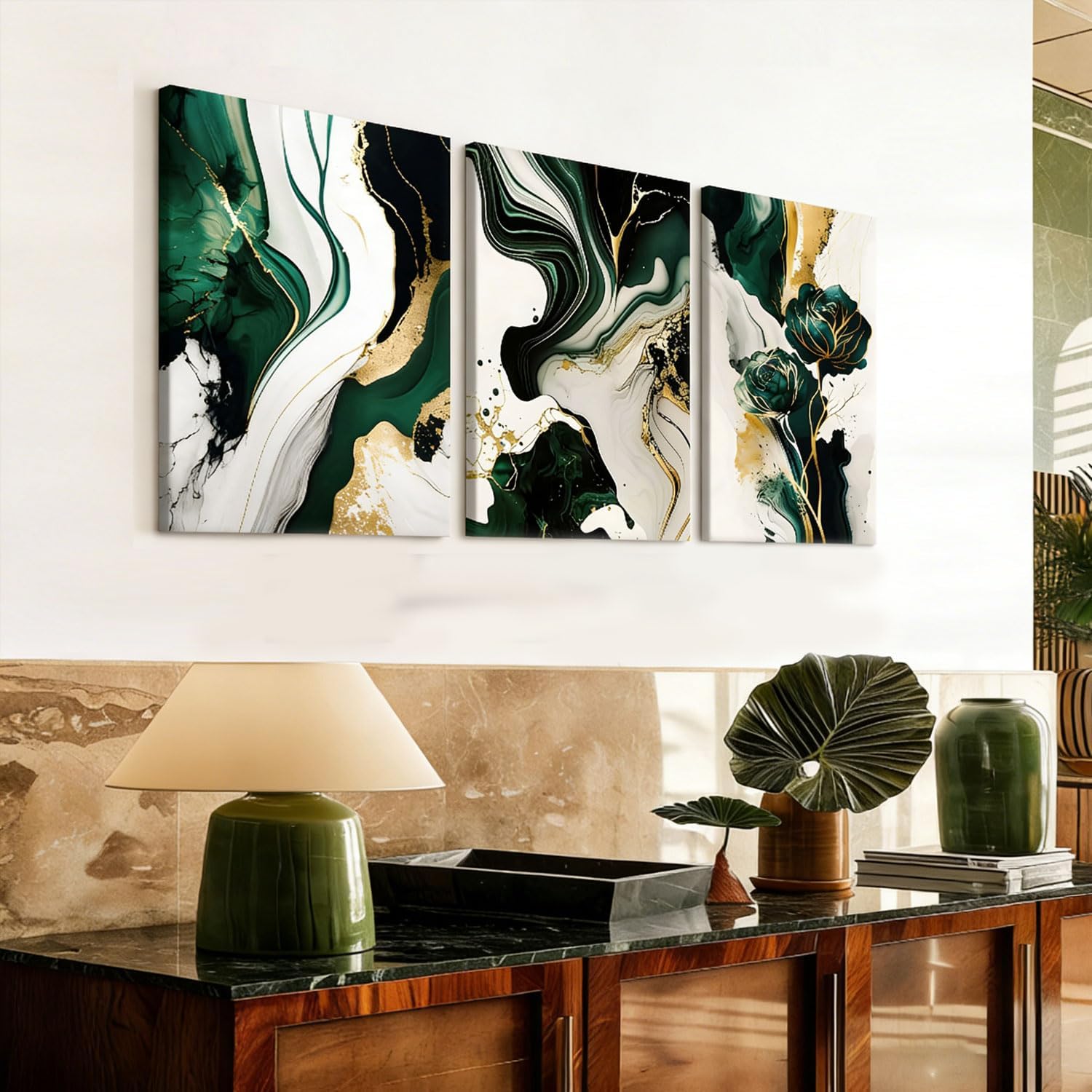 AUUAUU Green and Gold Abstract Wall Art Set of 3, Modern Fluid Art Framed Canvas Prints Fashion Marble Texture Artwork Painting 12x16 Inch Elegant Luxury Wall Decor for Living Room Bedroom Office