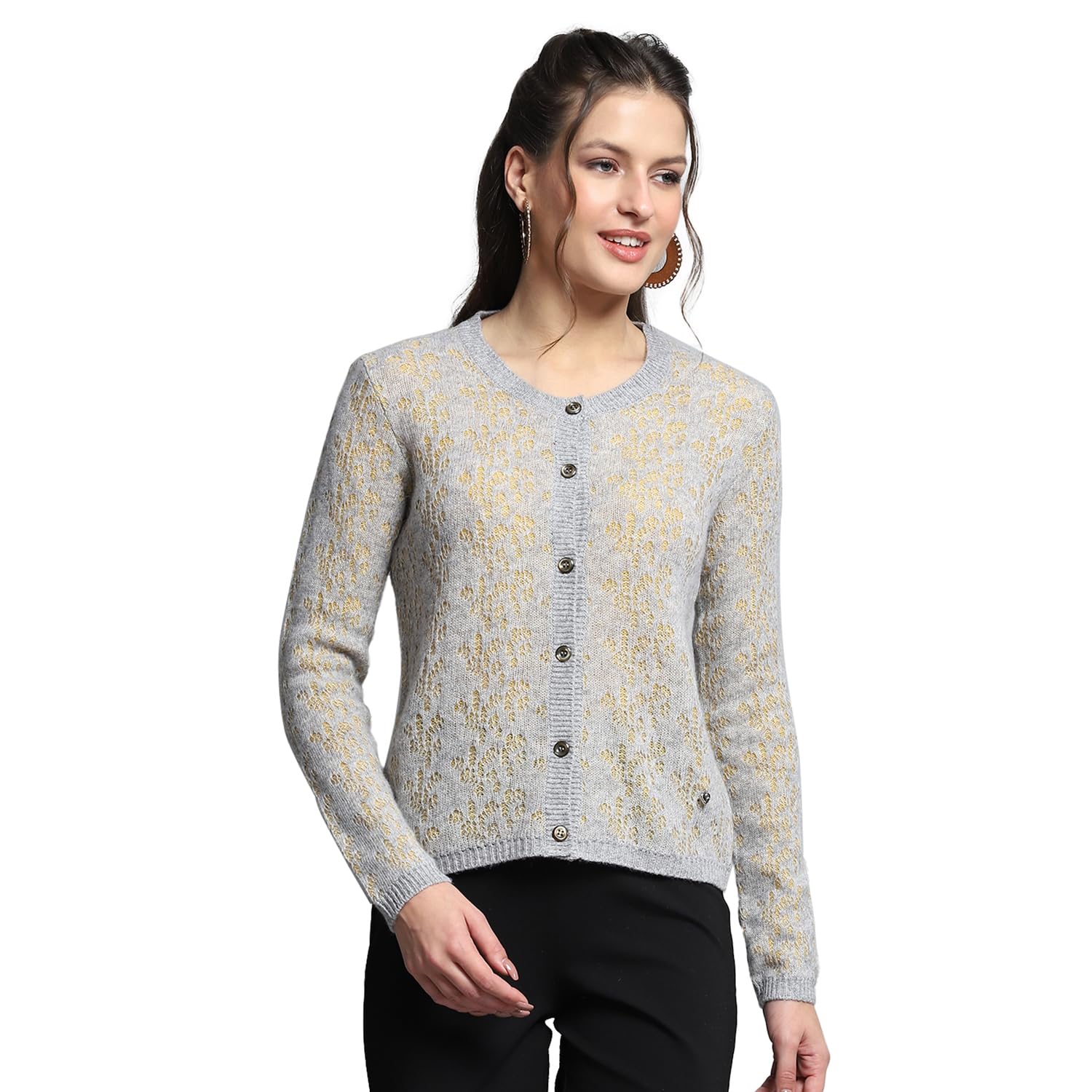 Womens Self Design Grey Round Neck Full Sleeve Cardigan_1243593RN-2