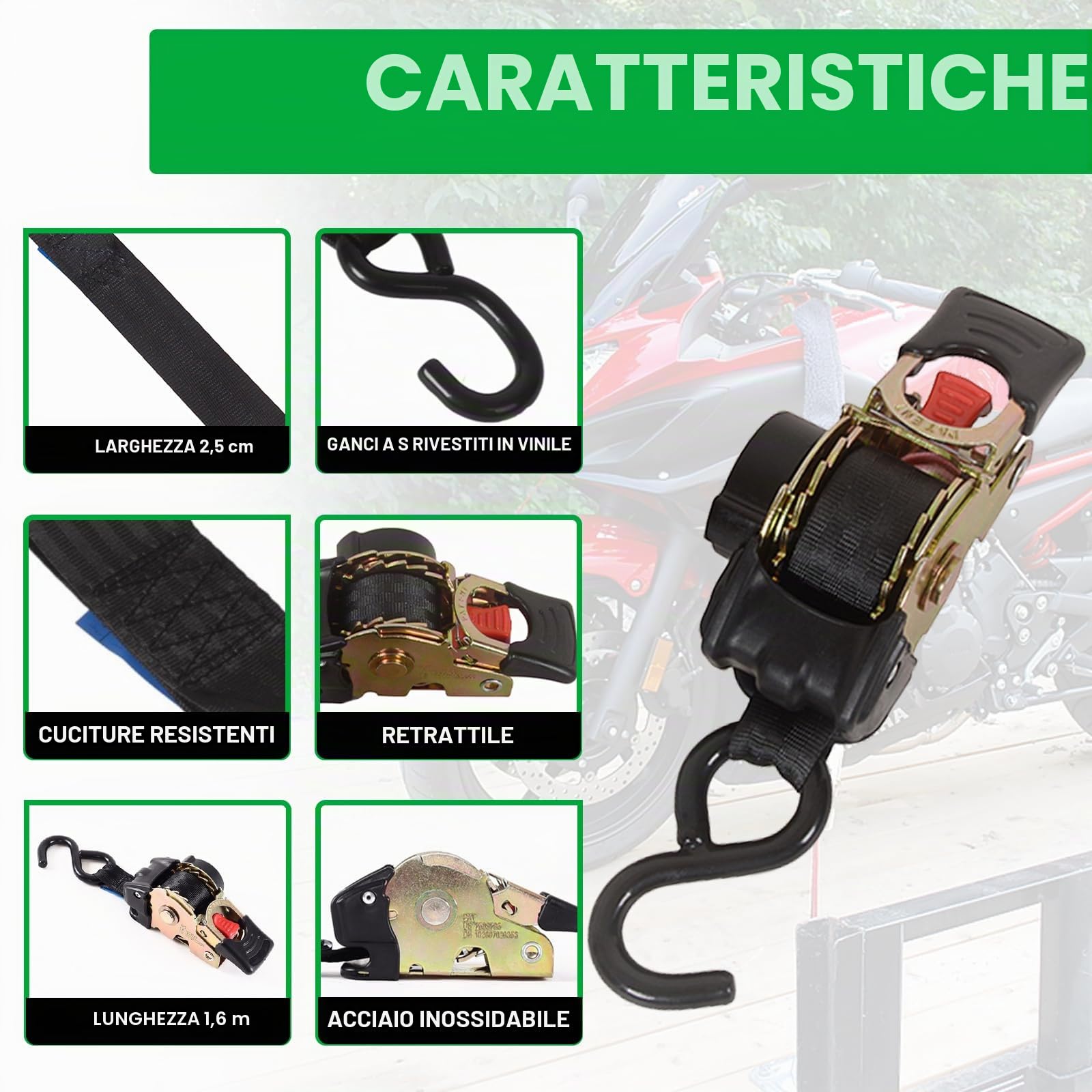 Oldbones - Cinghia auto-retrattile a cricchetto da 2,5 cm x 183 cm, compatta, coppia di cinghie da carico con gancio a S singolo per moto, barche, rimorchi