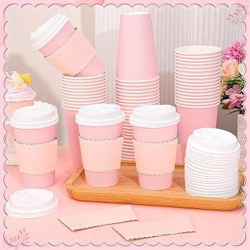 50 Pack Pink Coffee Cup with Lids Sleeves, 12oz Insulated to Go Paper Cups