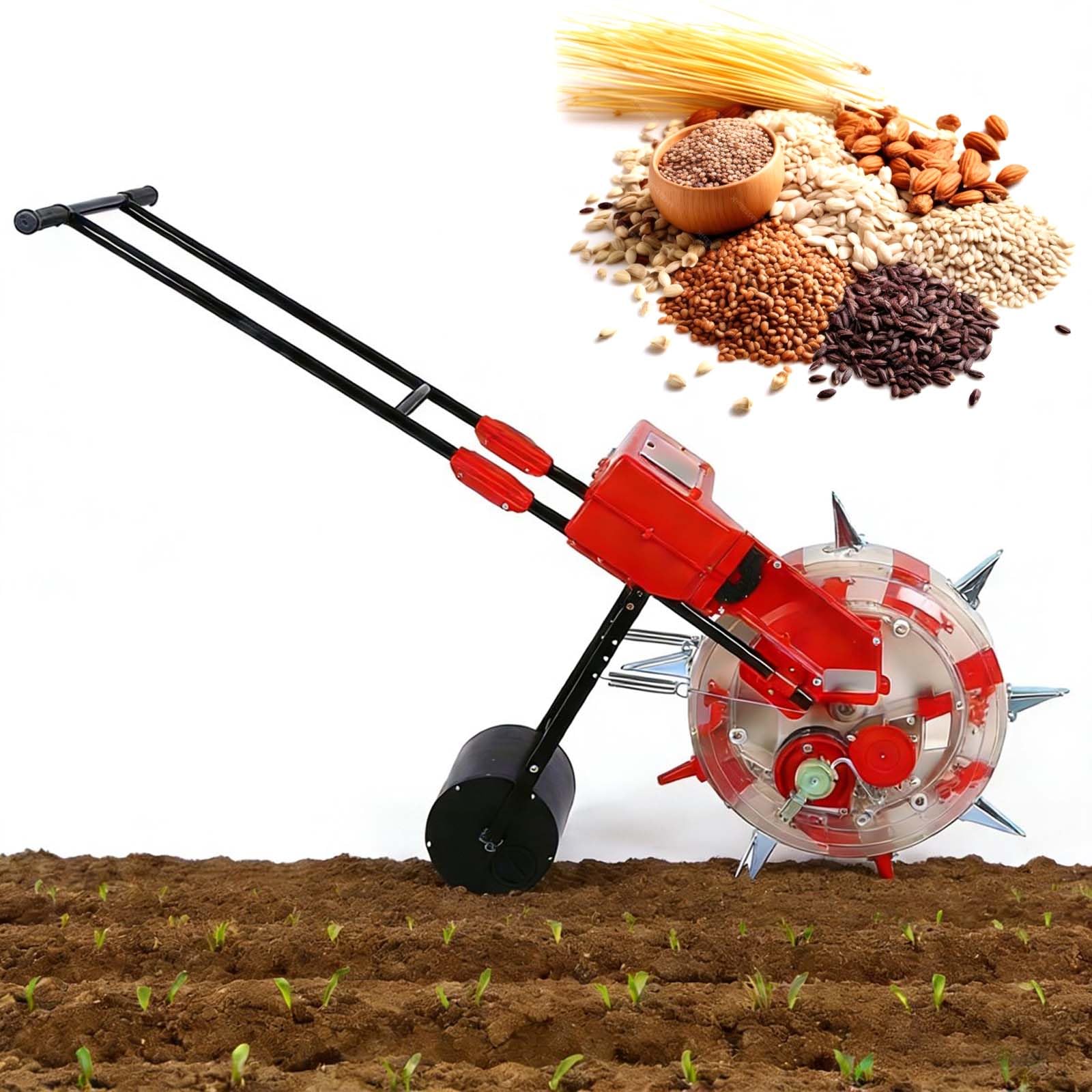 Sembradora manual de empuje manual con profundidad ajustable, 6-10 boquillas para siembra de precisión, almacenamiento de 3,75 kg, ideal para semillas de 3 a 15 mm, espacio de siembra de 16 a 26 cm