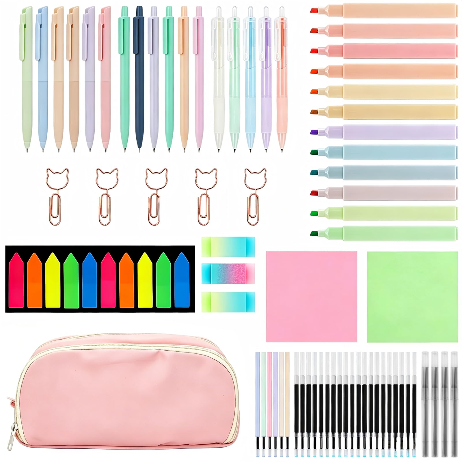71 Pcs Aesthetic Stationery Supplies With Pink Pen Case, 12 Pastel Highlighters, 6 Gel Pens, 6 Mechanical Pencils (0.5mm & 0.7mm), 5 Black Ballpoint Pen, Sticky Note, Eraser For Student School Office