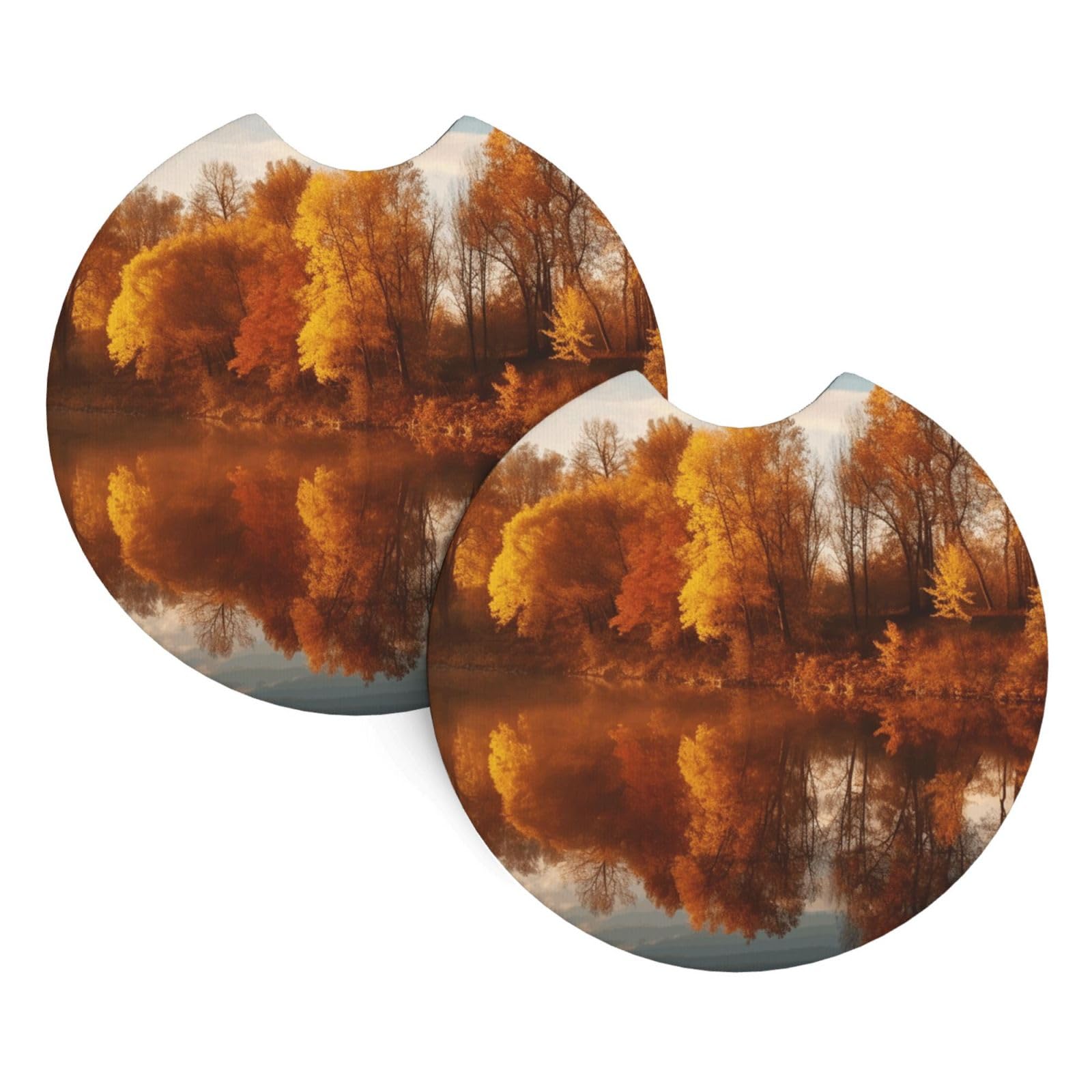 2PCS Car Coaster for Cup Holders Universal Auto Cup Mat Autumn Forest Reflected Cup Coaster Pad 2.7" Waterproof Neoprene Non-Slip Cup Holder Coasters Car Interior Accessories for Women Men