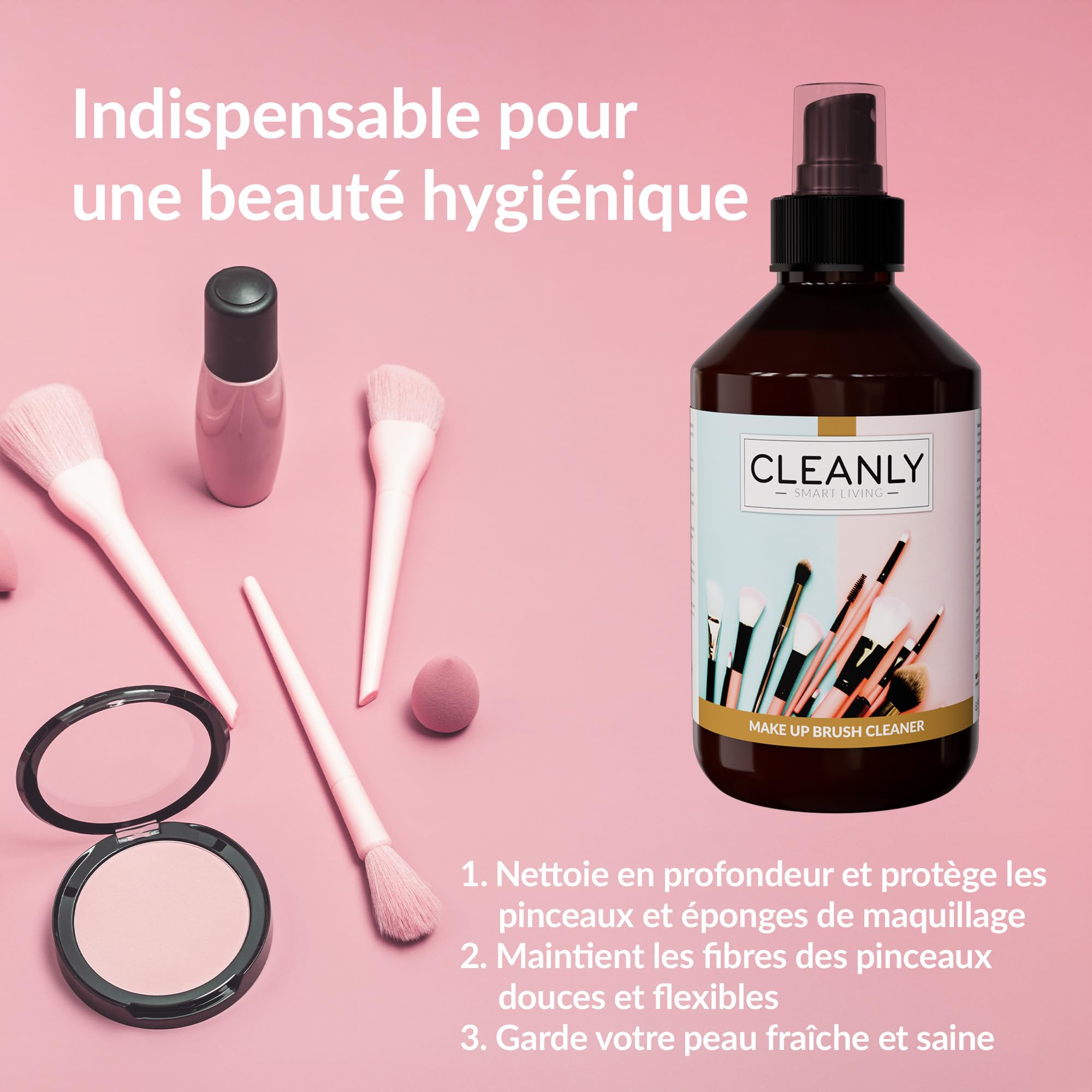 Spray Nettoyant Pinceaux Maquillage, Éponge de Beauté, Houppette à Poudre - Formule Douce, Sans Cruauté, Sans Parfum Ajouté, Vegan - Makeup Brush Cleaner - Nettoyeur Pinceau Maquillage, 250ml