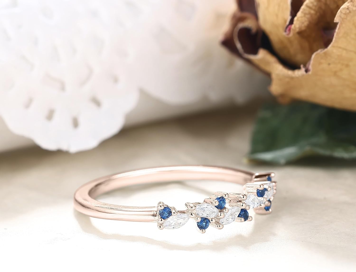 Art Deco Bridal Wedding Band for Women Created Blue Sapphire Cubic Zirconia 925 Sterling Silver Plated White/Rose Gold Half Eternity Birthstone Promise Ring for Her Size 4-9