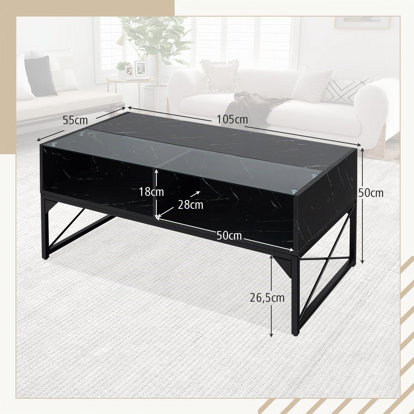 COSTWAY LED Couchtisch, Wohnzimmertisch Marmor Optik, Kaffeetisch mit einstellbaren Lichtfarben & Helligkeit, Fernbedienung und 4 Ablagefächern, Sofatisch für Wohnzimmer, 105 x 55 x 50 cm (Schwarz)