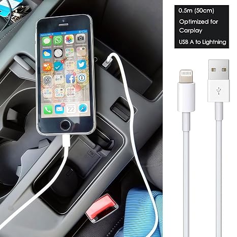 Short USB A to Lightning Cable, 0.5m CarPlay Lightning Cable for iPhone 14, 14 Plus, 14 Pro Max, 13, SE/12/11/Xs/XR/8/7, iPad Air 4/5/6/7/8, Mini 2/3/4/5, AirPods Pro Charger Lead, Car Charging Cord