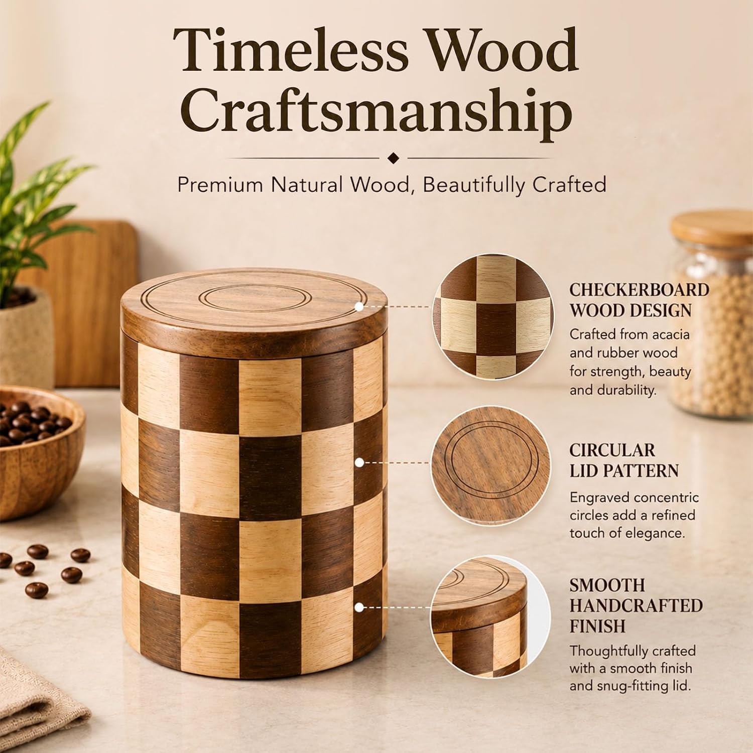 Suclain Acacia Wood Storage Jar with Lid, Checkered Canister, 4.53" x 5.91"