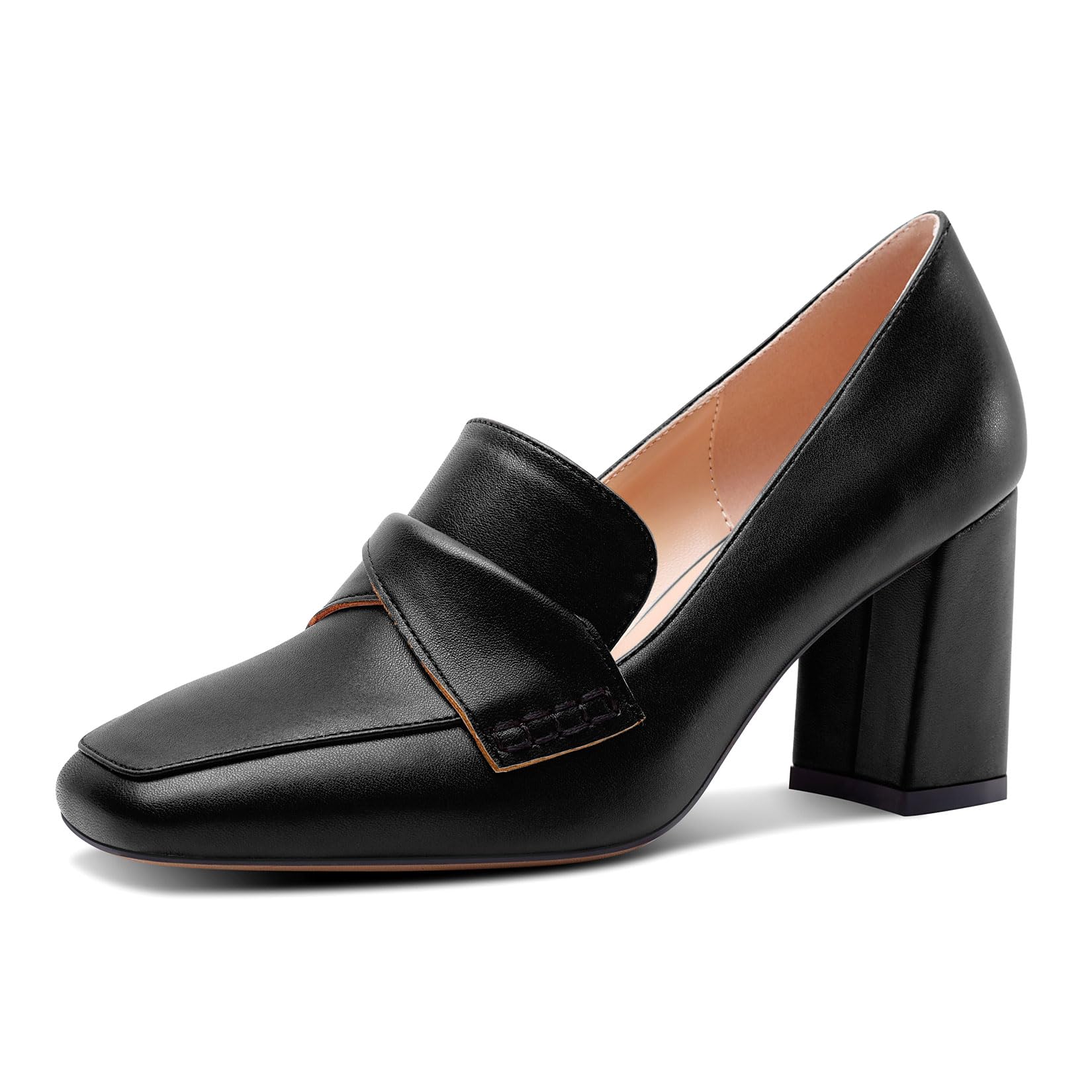 HDEUOLM Womens Chunky Block Mid Heel Square Toe Pumps Slip-on Loafers Shoes Office Basic Classic 3.2 Inches Shoes