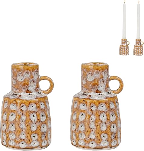 Portavelas cónico de cerámica – Juego de 2 candelabros con asa, estilo bohemio, soporte para exhibición de velas para mesa de café, centro de mesa,