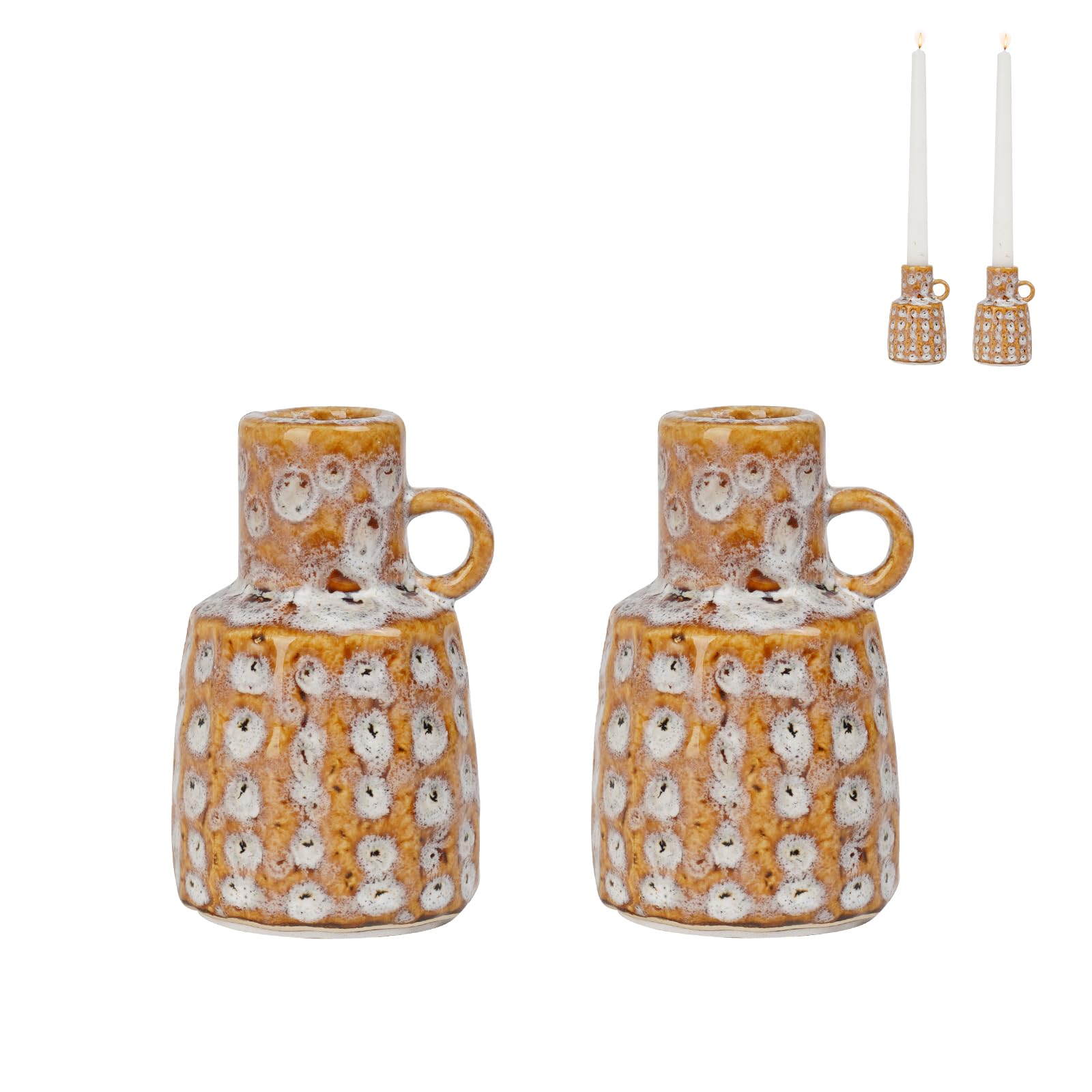 Ceramic Taper Candle Holder Decoration -Set of 2 Candlesticks with Handle Minimalist Style Candle Burning Display Holder for Coffee Table Centrepiece Table Living Room Cynkeyee