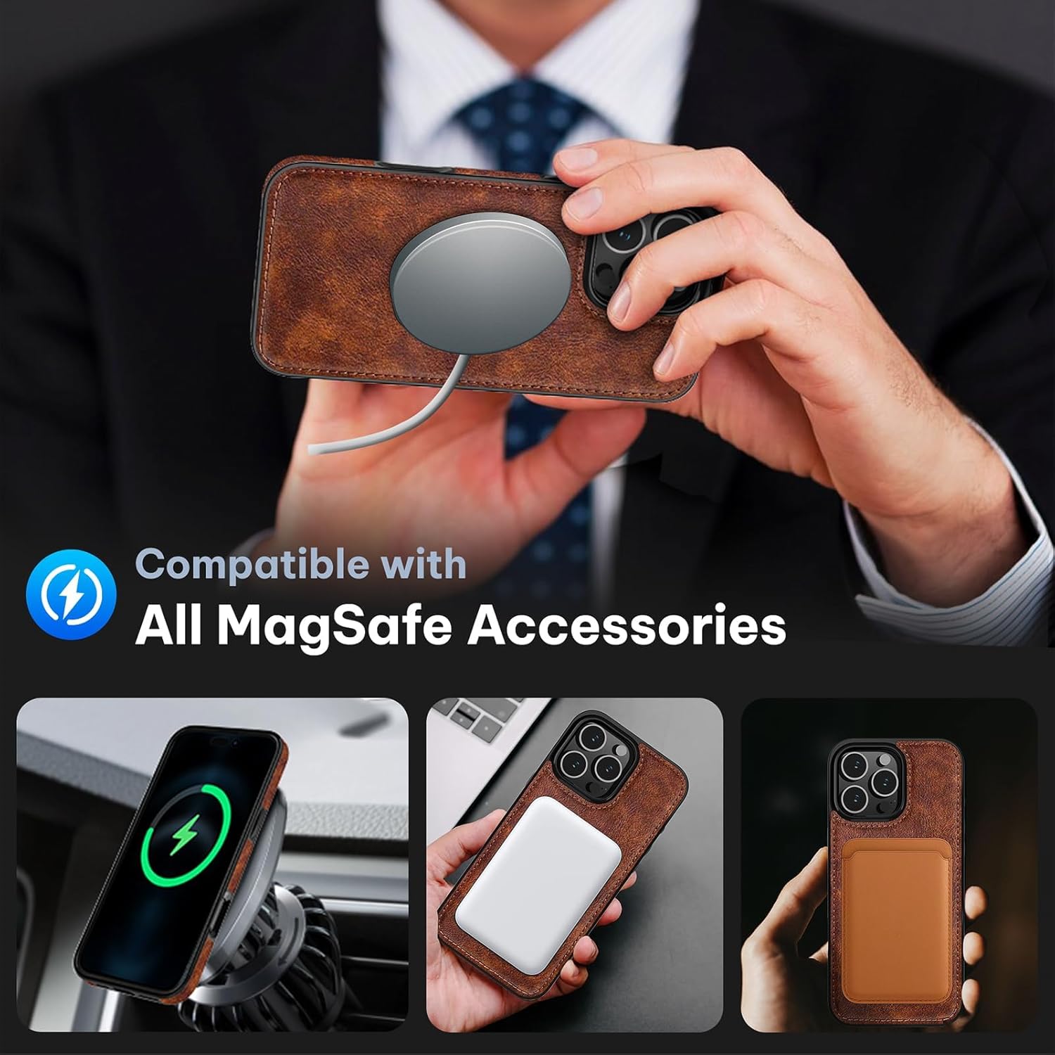 LOHASIC for iPhone 16 Pro Leather Case Compatible with MagSafe, Slim Luxury PU Non-Slip Grip Rugged Bumper Shockproof Full Body Protective Cover Phone Cases for iPhone 16 Pro 5G 6.3" (2024) - Brown - Image 5