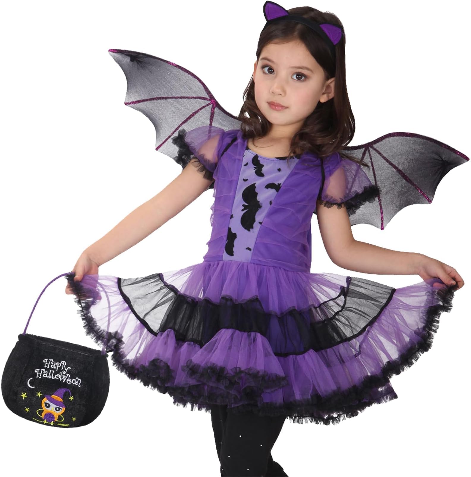 Girls Bat Vampire Costume Kids Halloween Clothes Animal Cosplay Purple Dress