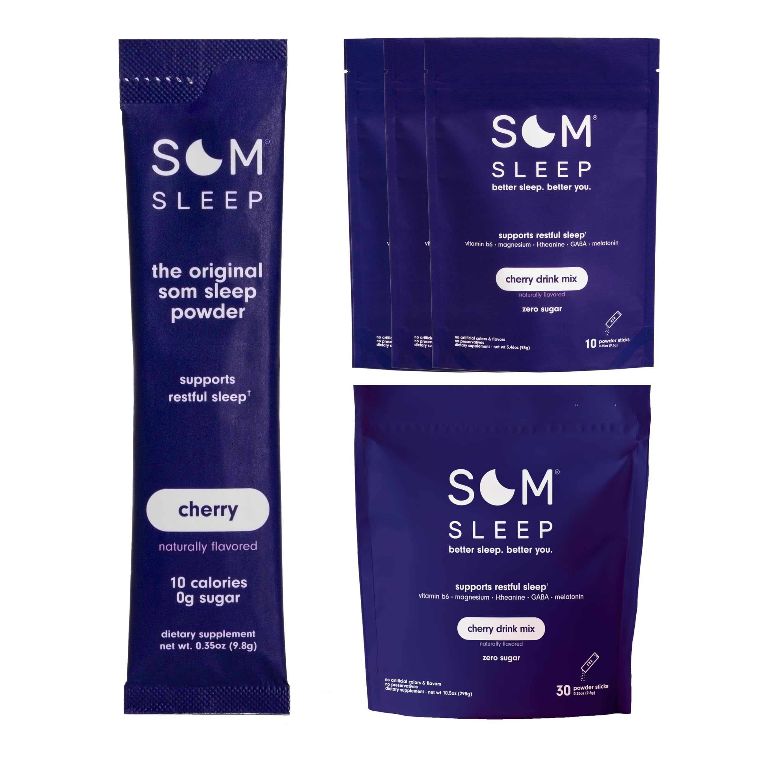 Som Sleep Sleep Aid Drink Mix Powder, Melatonin 3mg, Magnesium, Vitamin B6, L-Theanine & GABA – Vegan, Zero Sugar, Keto Friendly – Cherry, 60-Pack