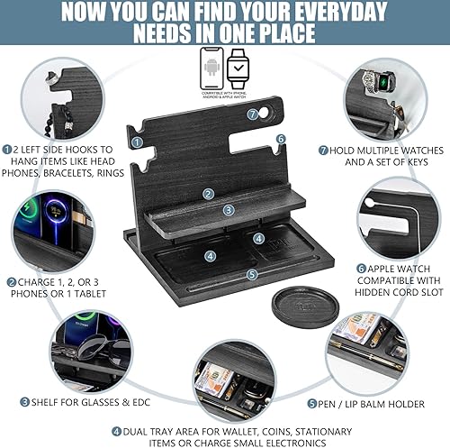 Miniatura 3 de Black Extra Large Wood Phone Docking Station - Nightstand Organizer for Men & Women, iPad Stand For Desk, Tablet Stand Holder, Apple Watch