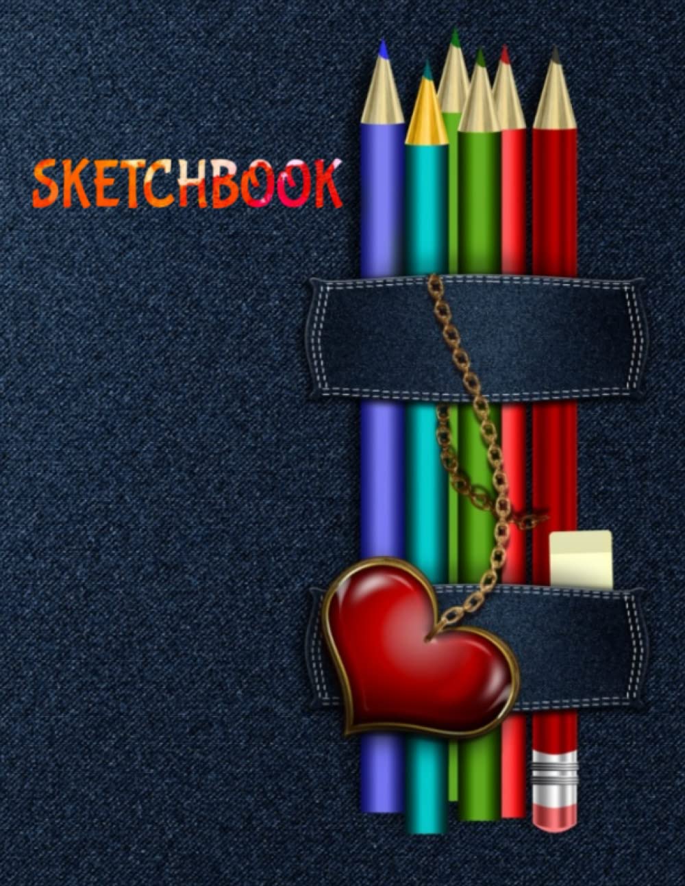 Sketchbook: nice coloring pens on jeans background, Large Blank Sketchbook, 8.5 X 11 (100 White Pages)
