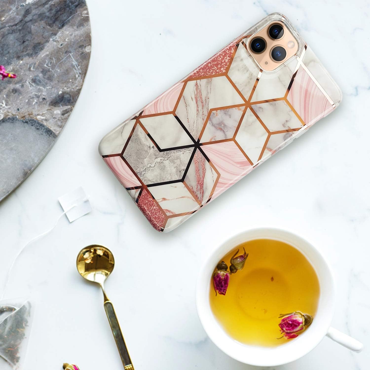 Coolwee for iPhone 11 Pro Max Case Marble Slim Fit Bling Glitter Sparkle Bumper Foil Stripe Thin Cute Design Glossy Finish Soft TPU Girls Women Protective Cover for Apple iPhone 11 Pro Max Rose Gold
