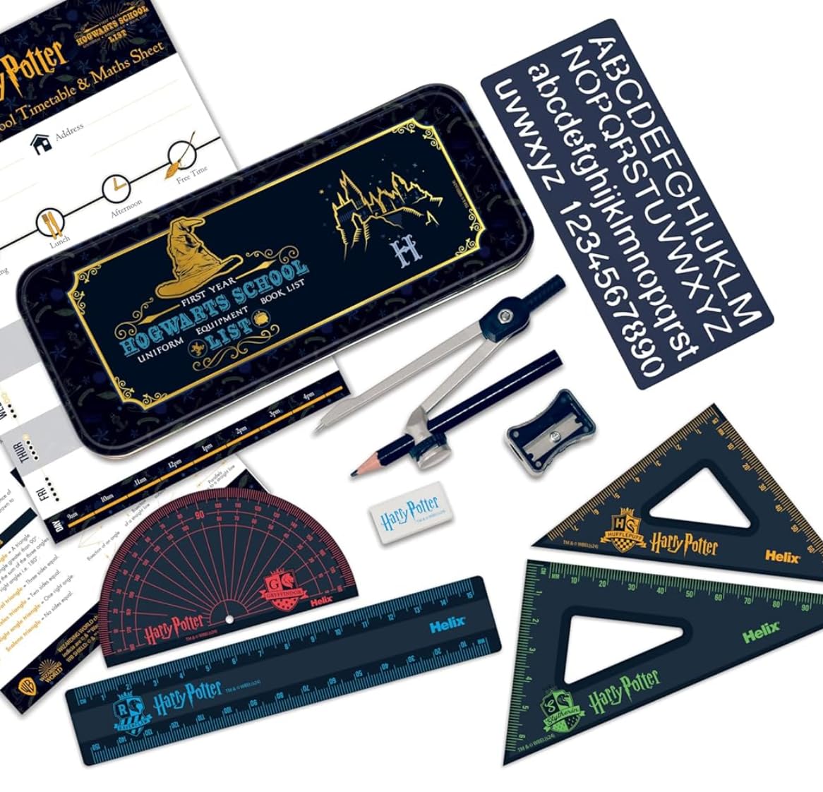 Harry Potter Maths Set by Helix - Complete Maths Set with Storage Tin Containing Ruler, Protractor, Compass, Pencil, Set Squares, Eraser, Pencil Sharpener and Timetable - Harry Potter School Supplies