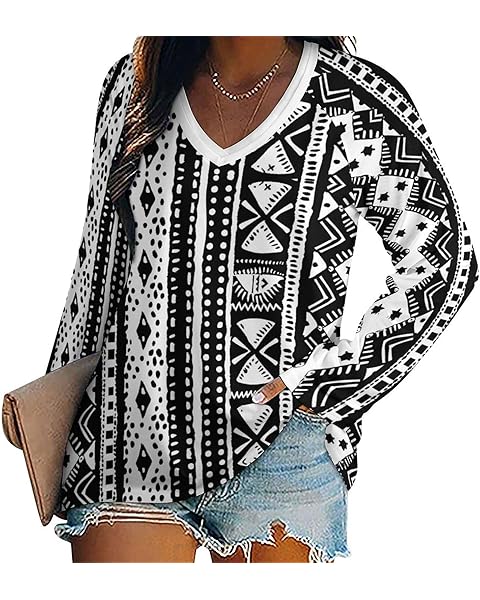Women Western Long Sleeve Shirts Aztec Cow Print Western T Shirts Tops Graphic Tees...
